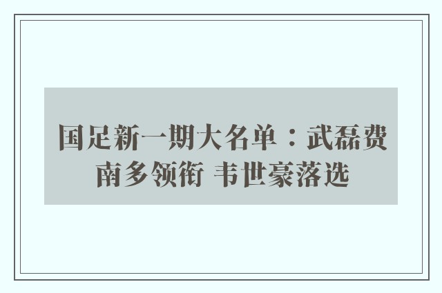 国足新一期大名单：武磊费南多领衔 韦世豪落选