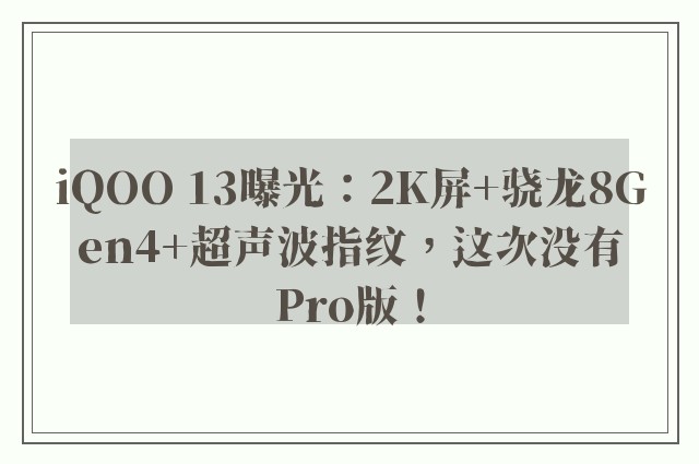 iQOO 13曝光：2K屏+骁龙8Gen4+超声波指纹，这次没有Pro版！