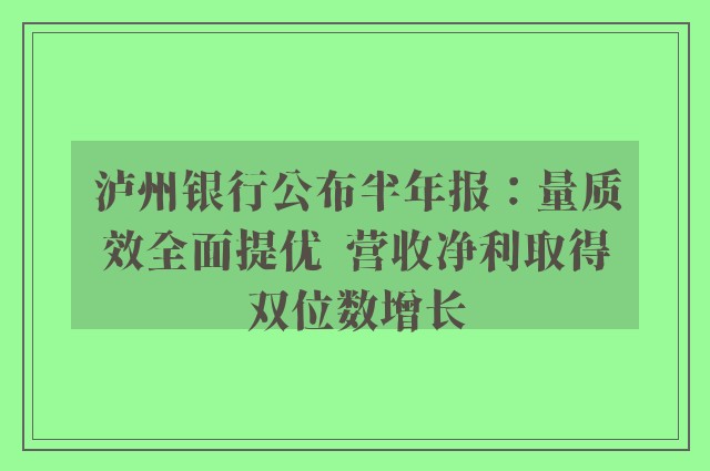 泸州银行公布半年报：量质效全面提优  营收净利取得双位数增长