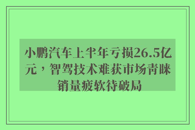 小鹏汽车上半年亏损26.5亿元，智驾技术难获市场青睐 销量疲软待破局