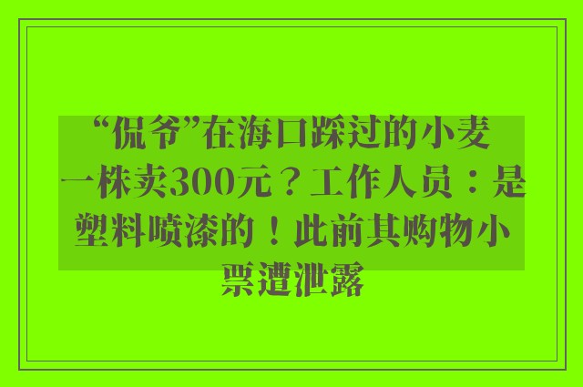 “侃爷”在海口踩过的小麦一株卖300元？工作人员：是塑料喷漆的！此前其购物小票遭泄露